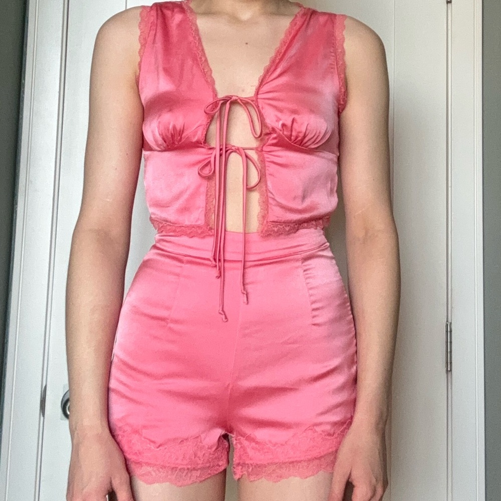 Pink Lace Trim Two-Piece Set